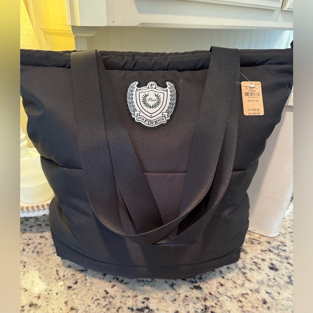 PINK VICTORIAS SECRET BLACK PUFFER BAG TOTE
